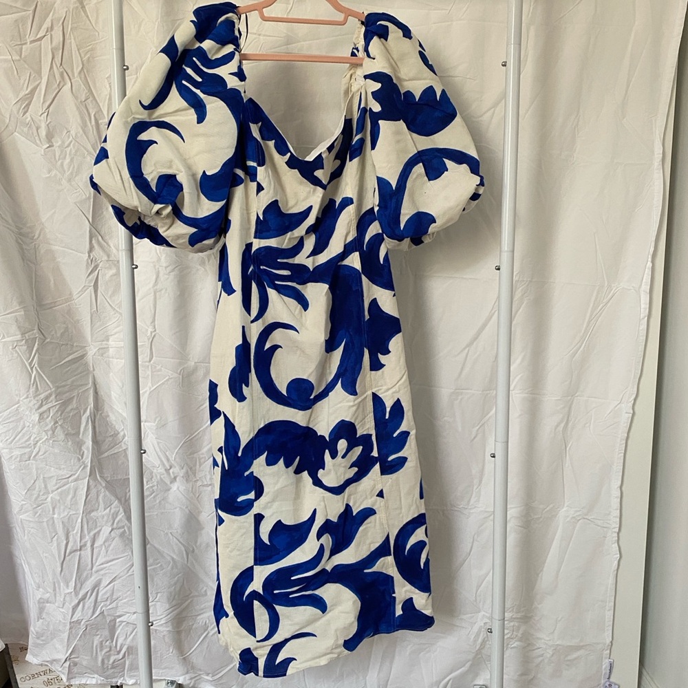 NEW Blue and White Ruched Midi Sundress with Puff Sleeves H&M